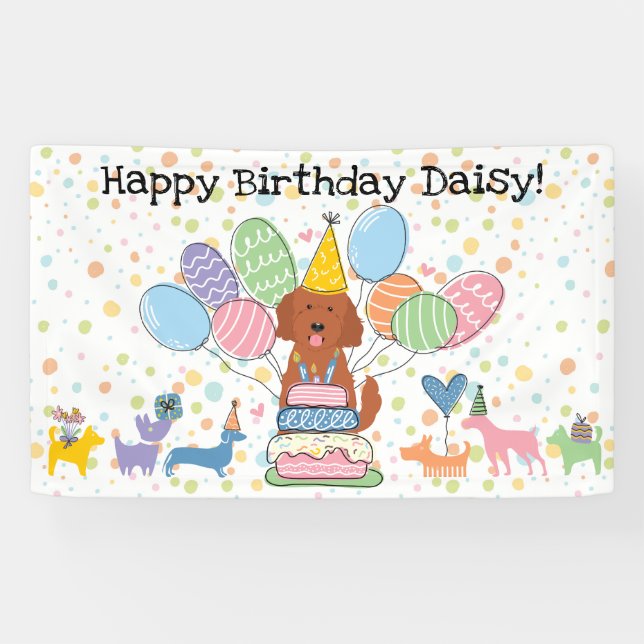 Red Goldendoodle Dog Birthday Party Banner (Horizontal)