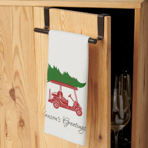 Red Golf Cart with Christmas Tree Alabaster Tea Towel