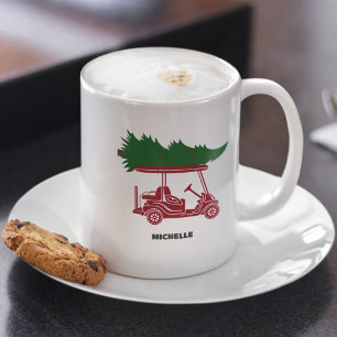 Red Golf Cart with Christmas Tree Holiday Coffee Mug