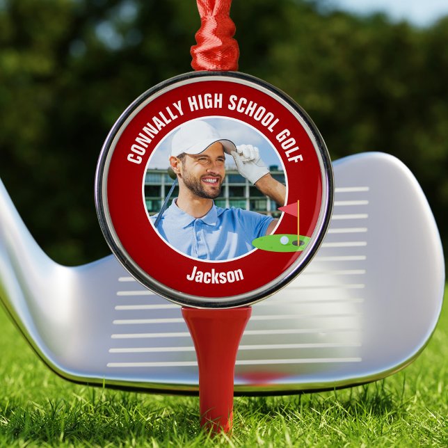 Red Golfer Photo High School Golf Team Christmas Metal Tree Decoration (Creator Uploaded)