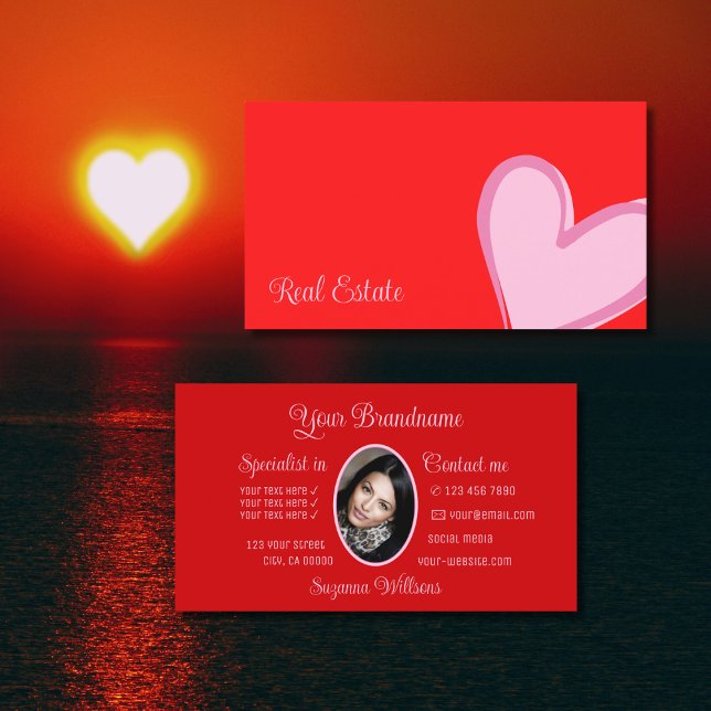 Red Gorgeous Pink Heart Modern with Photo Cute Business Card (Creator Uploaded)