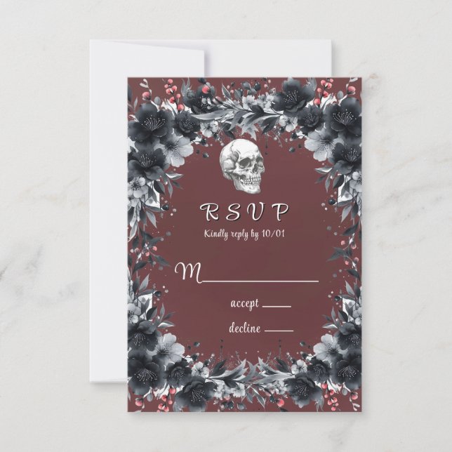 Red Gothic Black Floral Skull Wedding  RSVP Card (Front)