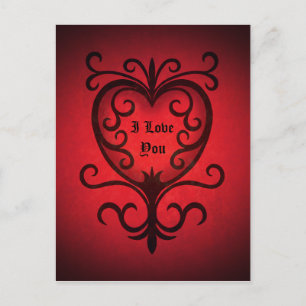Red gothic elegant damask Valentine's day heart Holiday Postcard