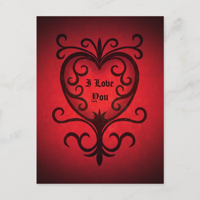 Red gothic elegant damask Valentine's day heart Holiday Postcard (Front)