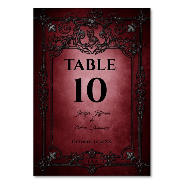 Red Gothic Halloween Alternative Wedding Table Number (Front)
