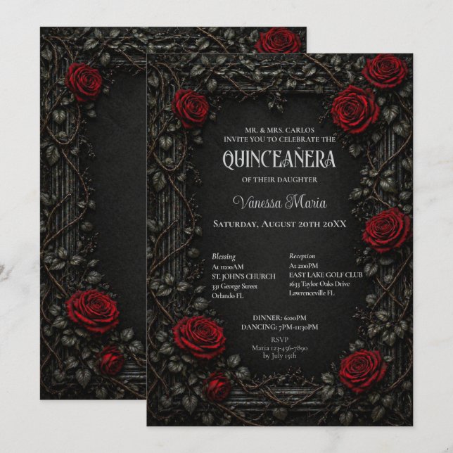 Red Gothic Halloween Floral Quinceanera Invitat Invitation (Front/Back)