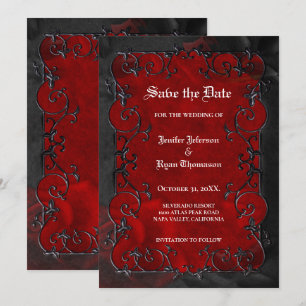 Red Gothic halloween wedding save the date Announcement
