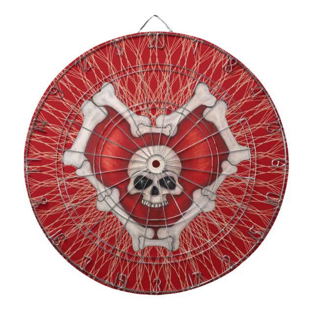 Red Gothic Heart With Bones Skull on Spiral Lines Dartboard (Front)