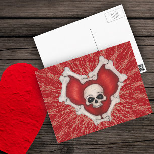 Red Gothic Heart With Bones White Skull on Lines Postcard