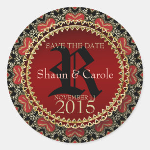 Red Gothic Hearts Monogram Save the Date Sticker