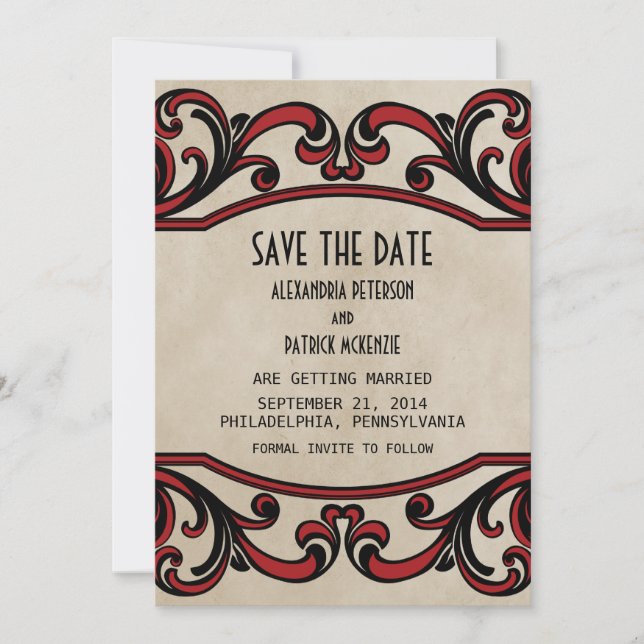 Red Gothic Swirls Save the Date Invite (Front)