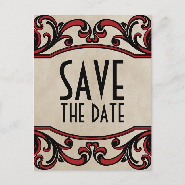 Red Gothic Swirls Save the Date Postcard (Front)