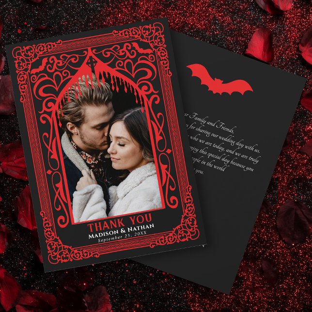 Red Gothic Vampire Cathedral Photo Wedding Thank You Card (Creator Uploaded)
