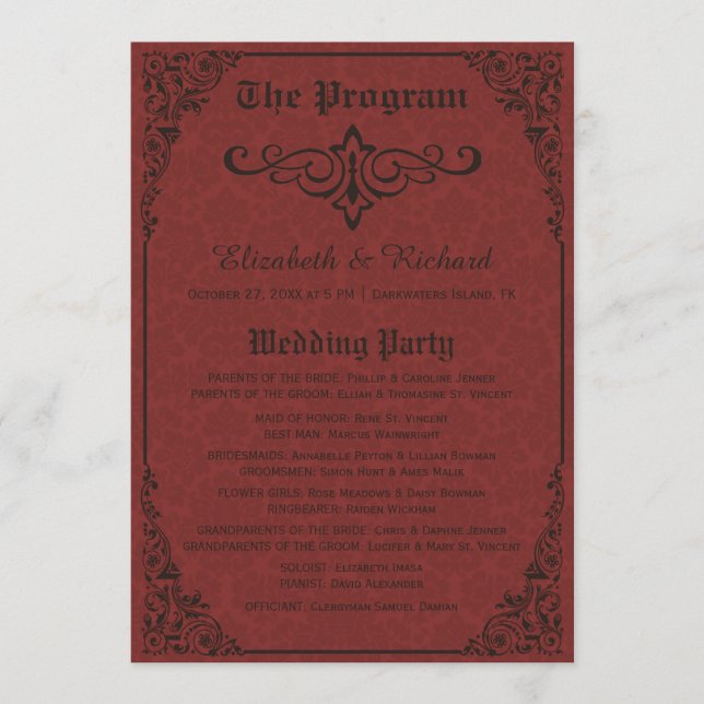 Red Gothic Victorian Damask Wedding Programs Programme (Front)