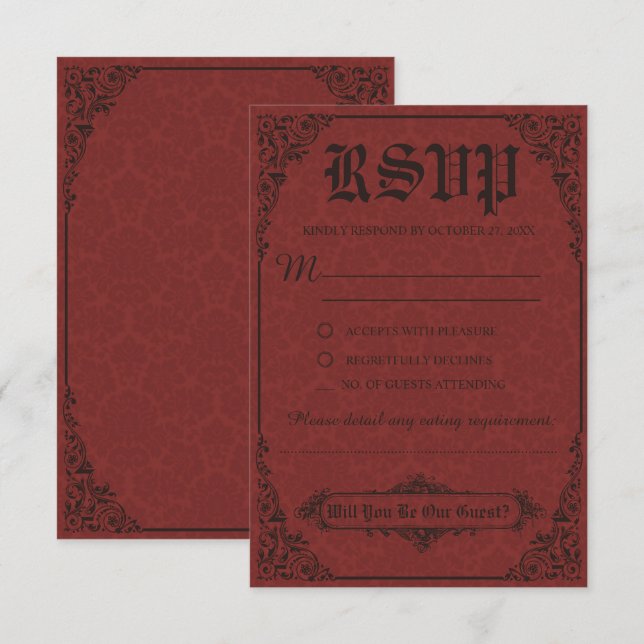 Red Gothic Victorian Damask Wedding RSVP Cards (Front/Back)