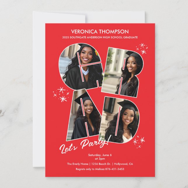 Red GRAD Photo Collage Graduation Party Invitation (Front)