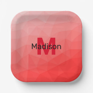 Red gradient geometric mesh pattern Monogram Paper Plate