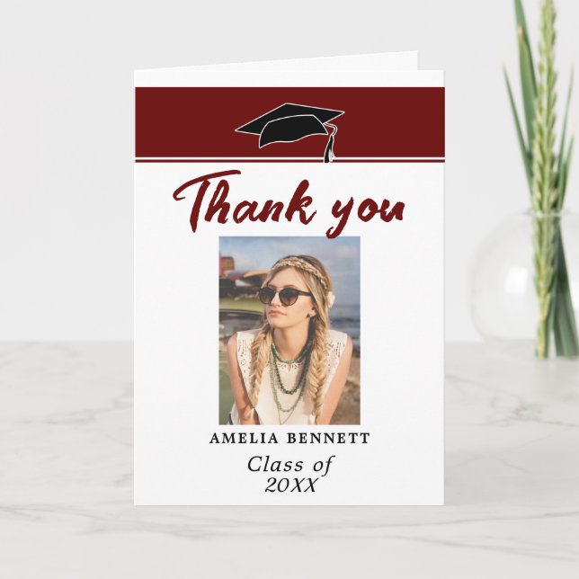 Red Graduate Cap Graduation Photo Thank you Card (Front)
