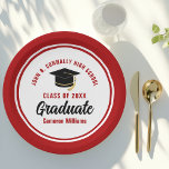 Red Graduate Personalised 2025 Graduation Party Paper Plate<br><div class="desc">These modern red and white custom graduation party plates feature classy typography of your university or college name for the class of 2025. Customise with your graduating year next to the chic handwritten script and black grad cap for great personalised congratulations graduate party decor.</div>