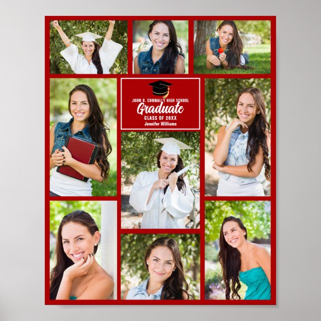 Red Graduate Photo Collage Custom Graduation Party Poster (Front)