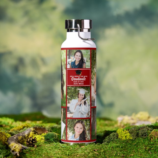 Red Graduate Photo Collage Modern Graduation Water Bottle (Outdoor)