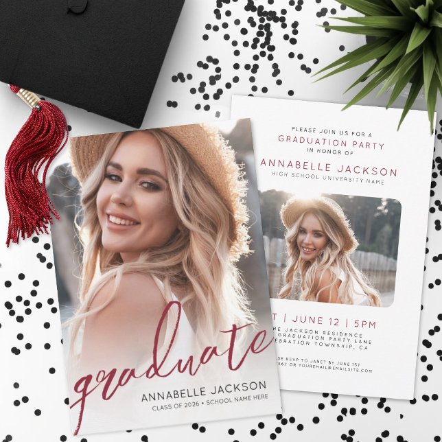Red Graduate Photo Graduation Invitation (Red Trendy Script Graduate Photo Graduation Invitation)