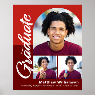 Red Graduation 3 Photo Bold Arch Script Minimalist Poster