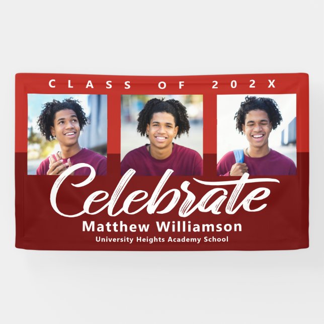 Red Graduation 3 Photo Bold Script Modern Minimal Banner (Horizontal)