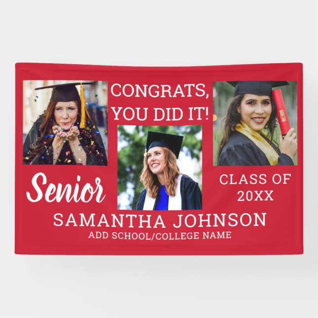 Red Graduation 3 Photo Collage Congrats Senior Banner (Horizontal)