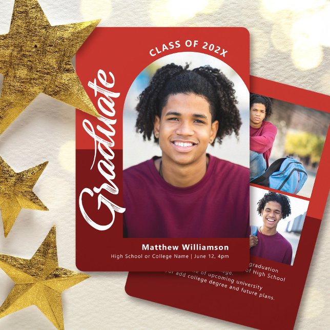 Red Graduation 4 Photo Bold Arch Script Modern Announcement (Creator Uploaded)