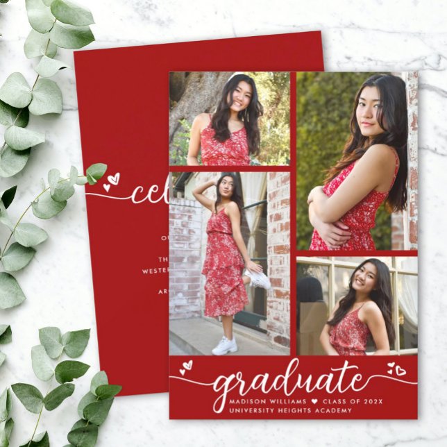 Red Graduation 4 Photo Modern Calligraphy Hearts Announcement (Creator Uploaded)