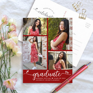 Red Graduation 4 Photo Modern Girly Script Hearts Invitation Postcard