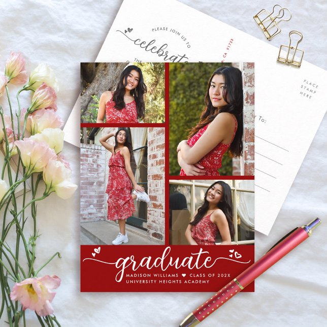 Red Graduation 4 Photo Modern Girly Script Hearts  Invitation Postcard (Creator Uploaded)
