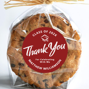 Red Graduation Bold Script Cap Thank You Minimal Classic Round Sticker