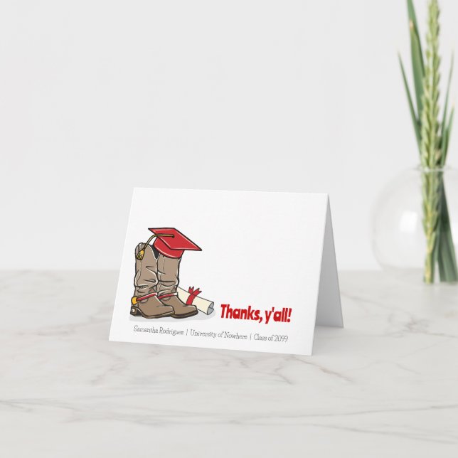 Red Graduation Cap and Cowboy Boot Thank You Card (Front)