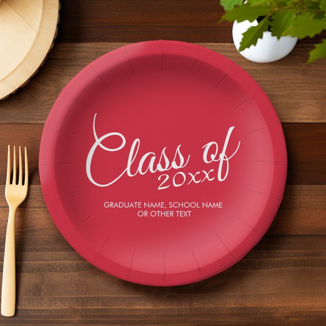 Red Graduation Cap Class of Year and Text Paper Plate (Custom Graduation Plates)