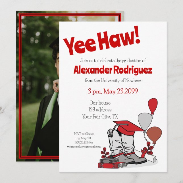 Red Graduation Cap Cowboy Boot Arrangement Invitation (Front/Back)