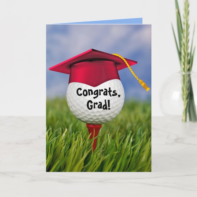 Red Graduation Cap On Golf Ball Card (Front)