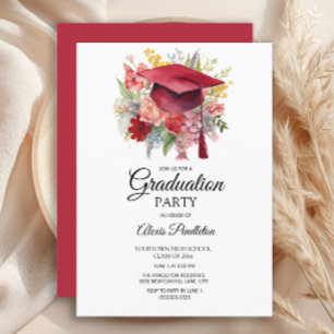 Red Graduation Cap Pink Floral Graduation Invitation
