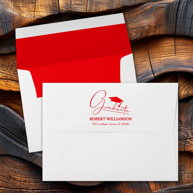 Red Graduation Cap Return Address  Envelope (Red graduation cap, printed lining and FREE return address envelopes)