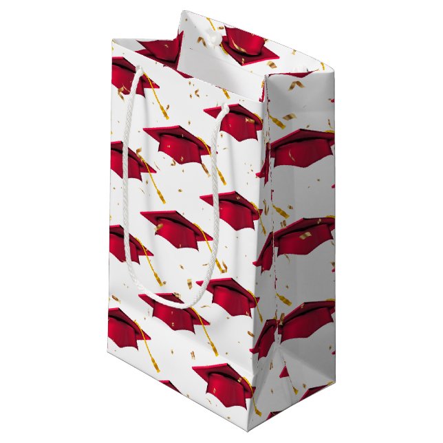 Red Graduation Cap with Confetti Small Gift Bag (Front Angled)
