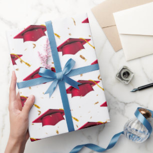Red Graduation Caps and Gold Confetti  Wrapping Paper