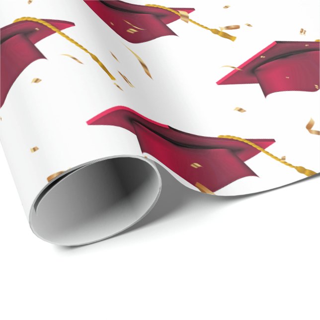 Red Graduation Caps and Gold Confetti   Wrapping Paper (Roll Corner)