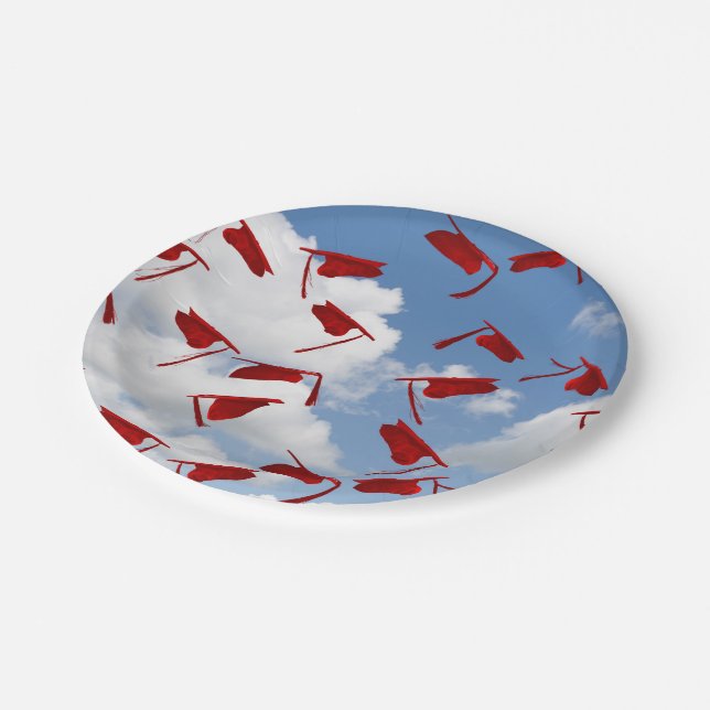 red graduation hats in sky paper plate (Angled)