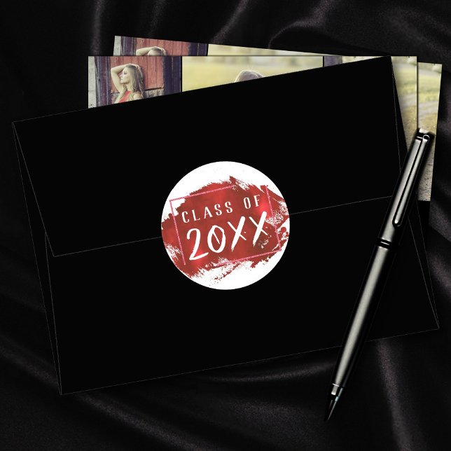 Red Graduation | Modern Brushstroke Grad Party Classic Round Sticker (Creator Uploaded)