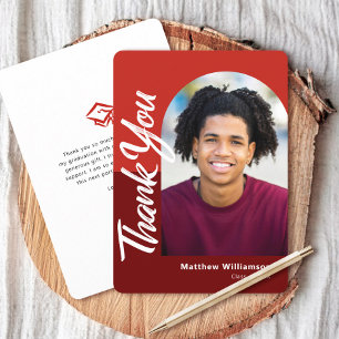 Red Graduation Photo Bold Arch Script Type Retro  Thank You Card