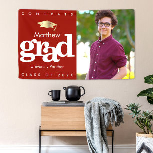 Red graduation photo gold cap bold modern simple banner