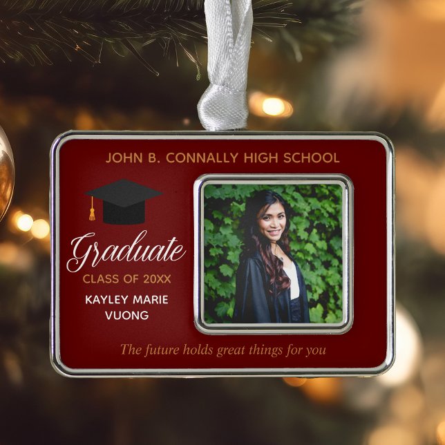 Red Graduation Photo Inspirational Quote Custom Silver Plated Framed Ornament (Creator Uploaded)