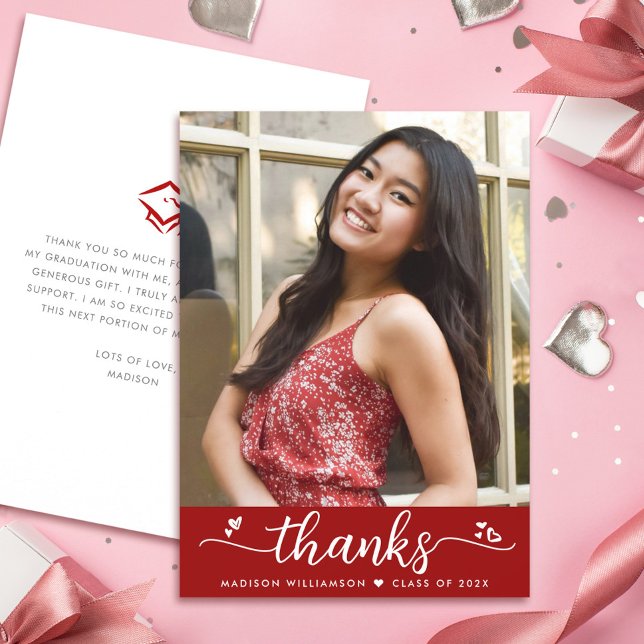 Red Graduation Photo Modern Script Elegant Hearts Thank You Card (Creator Uploaded)