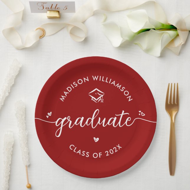 Red Graduation Script Hearts Cap Icon Modern Bold Paper Plate (Wedding)